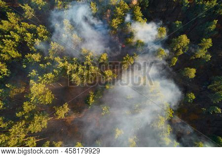 Aerial Drone View Of A Wildfire In Forested
