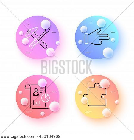 Report, Click Hand And Puzzle Minimal Line Icons. 3d Spheres Or Balls Buttons. Hammer Tool Icons. Fo