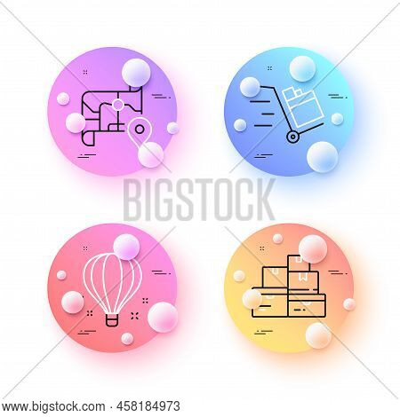 Wholesale Goods, Air Balloon And Push Cart Minimal Line Icons. 3d Spheres Or Balls Buttons. Map Icon