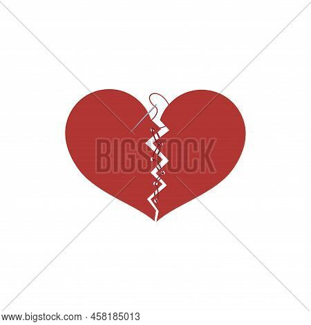 Broken Heart With Sewing Threads On A White Background