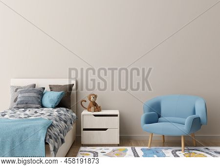 Empty Cream Wall In Modern Child Room. Mock Up Interior In Scandinavian Style. Copy Space For Your P