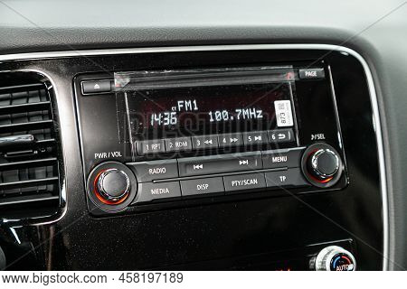 Novosibirsk, Russia - March 11 , 2022:   Mitsubishi Outlander, A Close Up On A Metallic-black  Radio