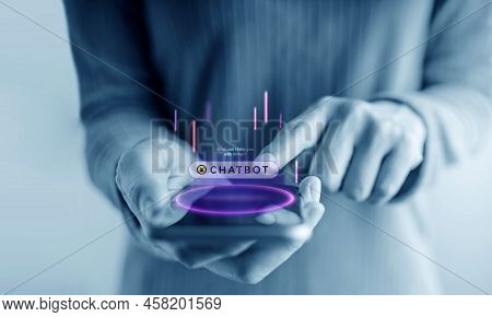 Chatbot, Livechat Technology Concept. Customer Using Mobile Phone To Make Conversation With An Artif