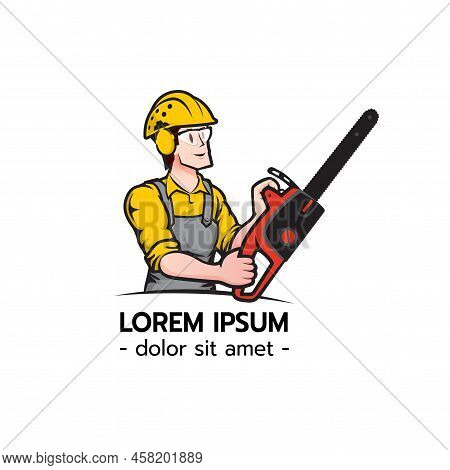 Lumberjack Arborist Tree Surgeon Holding A Chainsaw Starting Motor On Isolated White Background Vect