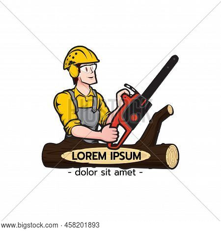 Lumberjack Arborist Tree Surgeon Holding A Chainsaw Starting Motor On Isolated White Background Vect