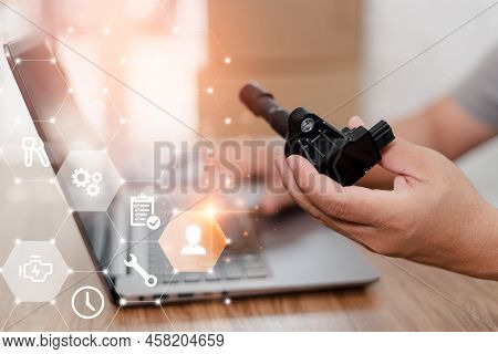 Car Service Business Concept And Technology On Virtual Screen,close Up Hand A Man Hold Coil Sparker 