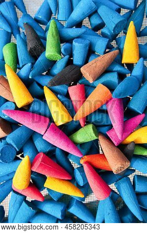 Colourful Incense Cones Lay On The Baskets In The Sun For Natural Drying, Incense Cones Are Made Fro
