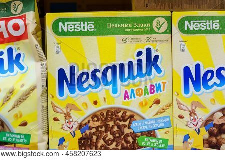 Tyumen, Russia-may 03, 2022: Nestle Nesquik Cocoa, On The Shelves Of A Hypermarket. Selective Focus