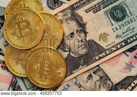 American Dollars And Bitcoin Coins, Cryptocurrency Financial Concept