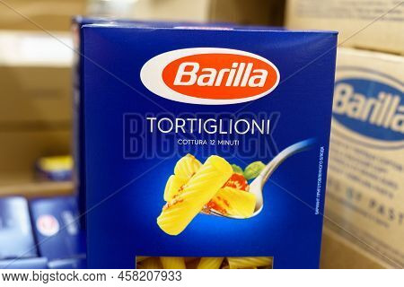 Tyumen, Russia-may 26, 2022: Barilla Tortiglioni On A Supermarket Shelf. The Barilla Group Produces 