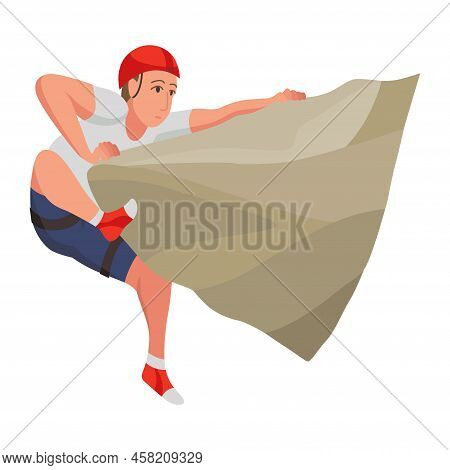 Mountain Climbing Person. Climber Men On Rock Mountain With Equipment. Extreme Outdoor Sports. Man O