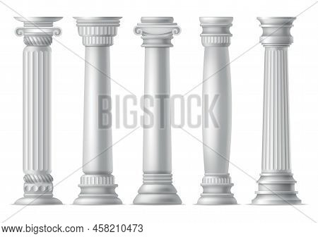Antique Columns, Realistic Icon Set. Classic Stone Pillars Of Roman Or Greece Architecture With Twis
