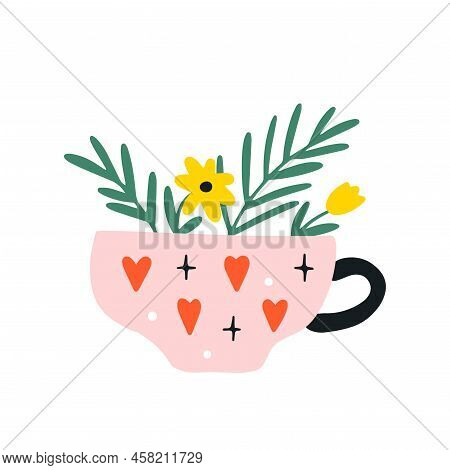 Single Cute Pink Coffee Or Tea Cup With Flower And Leaves Isolated On A White Background. Hand Drawn