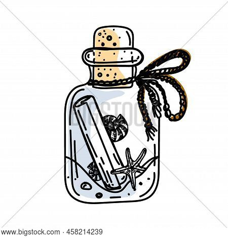 Bottle With A Note Inside, Hand-drawn In Doodle Style. Vintage Bottle. Shells. A Map With A Treasure