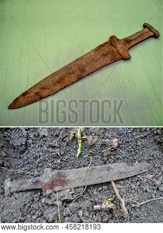 Scythian Sword, Scythian Dagger Of The Early Iron Age 3-5 Centuries Bc On A Green Cloth,  Ancient Sc