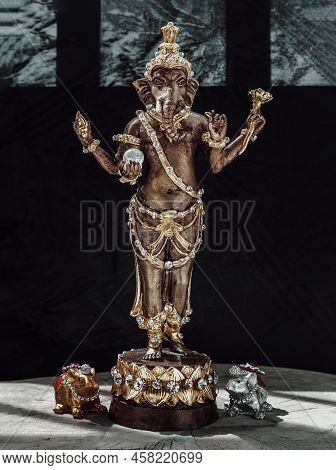 Bronze Figurine Of Lord Ganesha And Mushika Statue Mouse (rat Of Lord Ganesha Amulet). Ganesha Is Hi