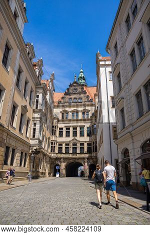 Dresden, Germany - June 28, 2022: View Of Schlossstrasse Towards Georgentor. The Georgenbau Is The O