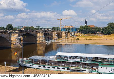 Dresden, Germany - June 28, 2022: Augustus Bridge Or Augustusbruecke On A Sunny Summer Day. View Fro