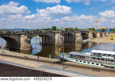 Dresden, Germany - June 28, 2022: Augustus Bridge Or Augustusbruecke On A Sunny Summer Day. View Fro