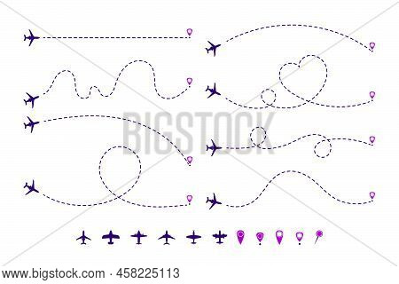 Dotted Airplane Trajectories Cartoon Illustration Set. Path Or Way Of Plane, Aircraft Of Jet In Shap