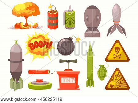 Explosive Lethal Weapon Cartoon Illustration Set. Bomb, Mine, Tnt, Hand Grenade, Missile, Dynamite P