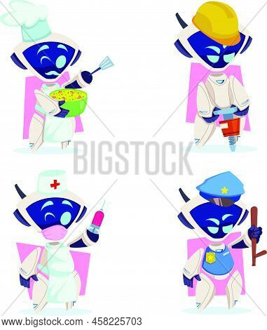Set Of Hand-drawn Robots Cooking Soup, Drilling Road With Jackhammer, Holding Syringe, Wearing Polic