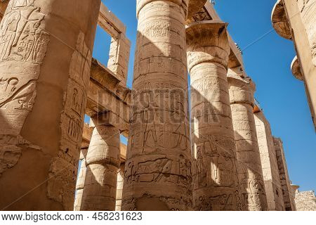 Karnak, Luxor Region Egypt - 09.07.2020: Different Hieroglyphs On The Walls And Columns In The Karna
