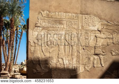 Karnak, Luxor Region Egypt - 09.07.2020: Different Hieroglyphs On The Walls And Columns In The Karna