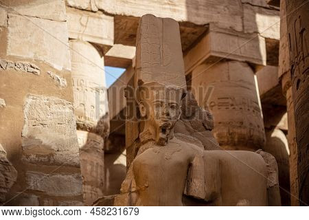 Karnak, Luxor Region Egypt - 09.07.2020: Statues Of Ancient Egyptian Pharaohs And Gods. Various Hier