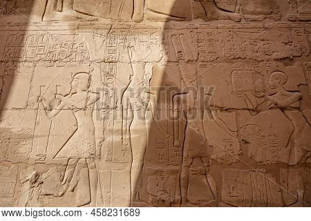 Karnak, Luxor Region Egypt - 09.07.2020: Different Hieroglyphs On The Walls And Columns In The Karna