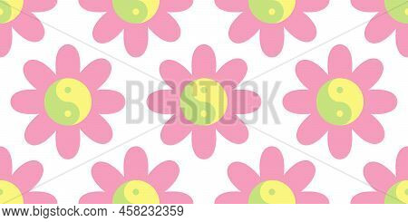 Flower With Yin Yang Symbol In Pastel Pink Yellow Green Color. Vector Illustration Isolated On White
