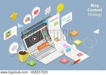 3d Isometric Flat Vector Conceptual Illustration Of Blog Content Strategy, Commercial Bloging