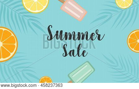 Bright Summer Background With Text. Summer Sale. Blue Background With Ice Cream, Fruits, Palm Leaves