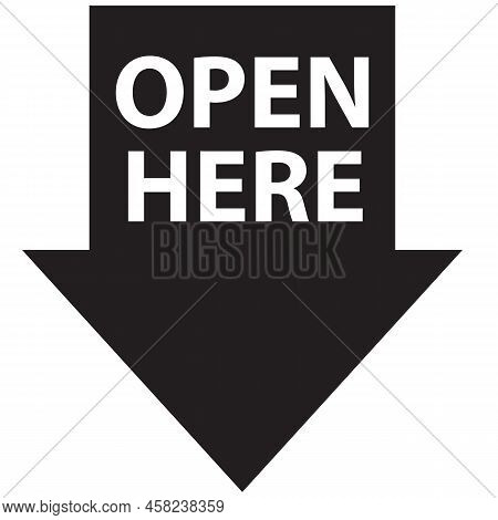 Open Here Icon On White Background. Open Here Sticker Sign. Instruction Manual Symbol. Flat Style.