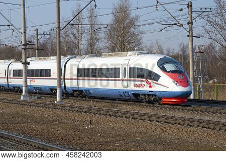 Leningrad Region, Russia - April 09, 2018: View Of The Head Car Of High-speed Train Evs2 