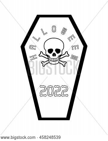 A Halloween 2022 Open Coffin With Textr And A Grinning White Skull Isolated On A White Background