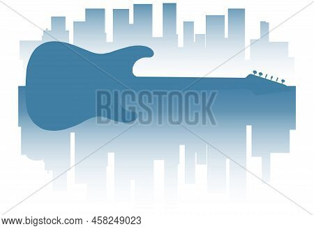 A Blue Faded Cityscape With A Solid Body Electric Guitar As A Faded Background