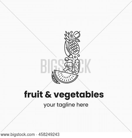 Letter J Made Of Fruit And Vegetables. Organic Food Logo Concept. Stock Vector Illustration.