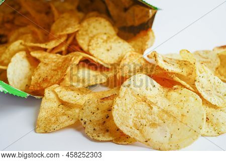 Potato Chips In Open Bag, Delicious Bbq Seasoning Spicy For Crips, Thin Slice Deep Fried Snack Fast 