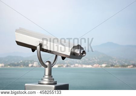 Metal Tower Viewer Installed Near Sea, Space For Text. Mounted Binoculars