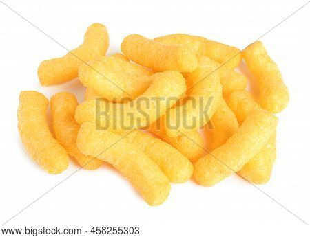 Many Tasty Cheesy Corn Puffs Isolated On White
