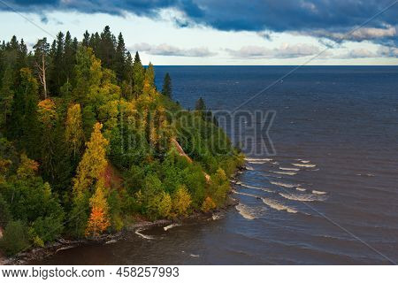 Russia. Vologda Region. Autumn Colors On The Southeastern Shore Of Lake Onega Near The Mouth Of The 