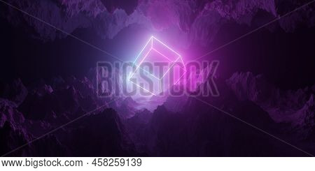 Abstract Top And Bottom Mountain Terrain Landscape With Pink And Blue Neon Light Glowing Wireframe C