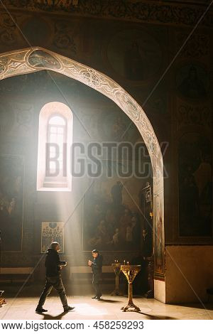 Shio-mgvime, Mtskheta, Georgia - March 18, 2022: Fresco, Frescoes. People Praying In Shio-mgvime Mon