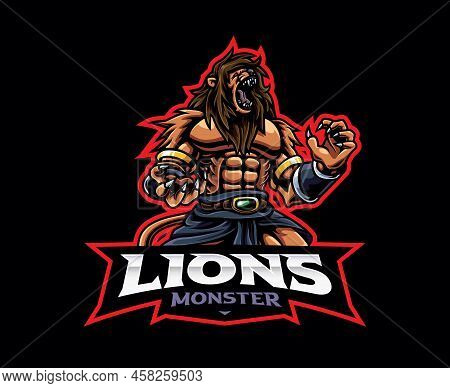 Lion Mascot Logo Design. Lion Warrior Vector Illustration. Logo Illustration For Mascot Or Symbol An