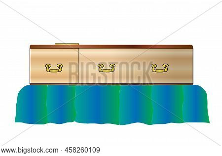 A Wooden Coffin With A Brass Handles Liying In State Isolated On A White Background