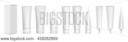 Realistic Tubes With Box. White Plastic Tubes For Toothpaste, Cream, Gel And Shampoo. Blank Packagin
