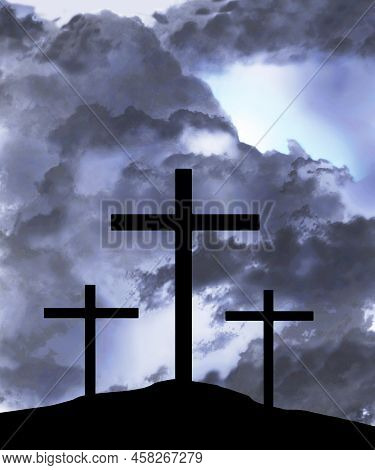 The Three Crosses Of The Crucifixion Of Jesus Christ  Are Seen In Silhouettes In Front Of A Stormy S