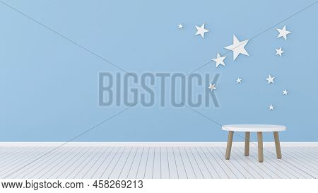 Light Blue Background Wallpaper Handle White Stars And Circular Small Wooden Table On Line Floor. Ne