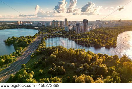 Moscow Landscape At Sunset, Russia. Scenic Aerial View Of Strogino District In Moscow Northwest. Sce